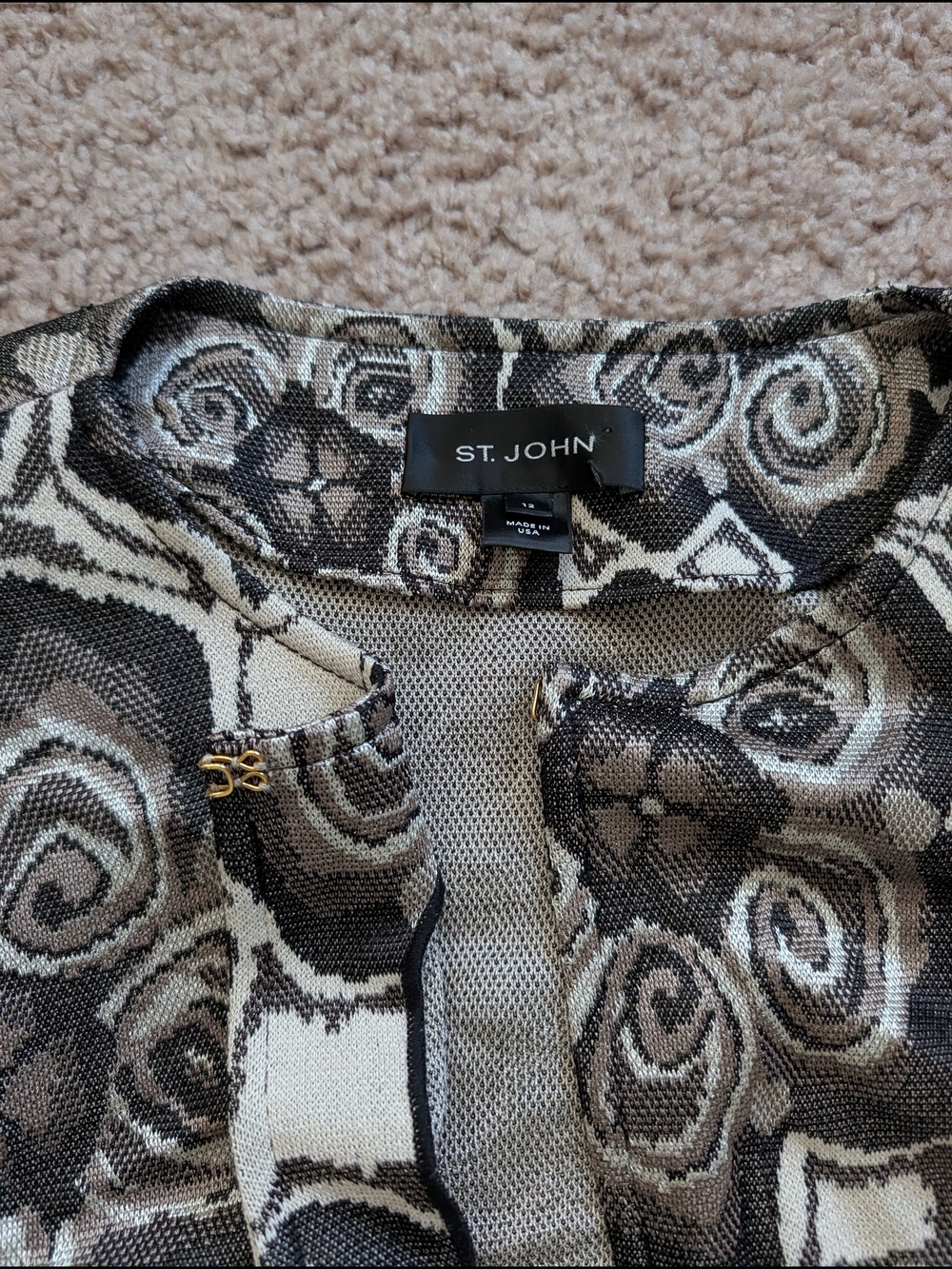 St. John Womens Black Cream Neutral Floral Print Knit Cardigan Sweater Size 12 - Picture 7 of 13